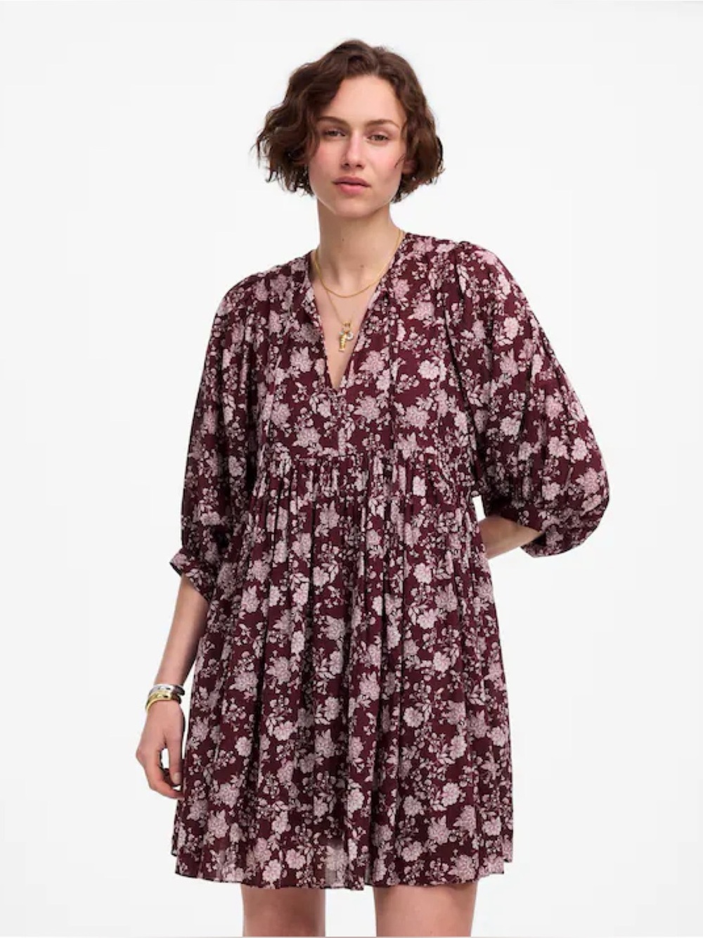 NWT Madewell Splitneck Puff-Sleeve Dress in Floral - Olivia Floral Dark Fig